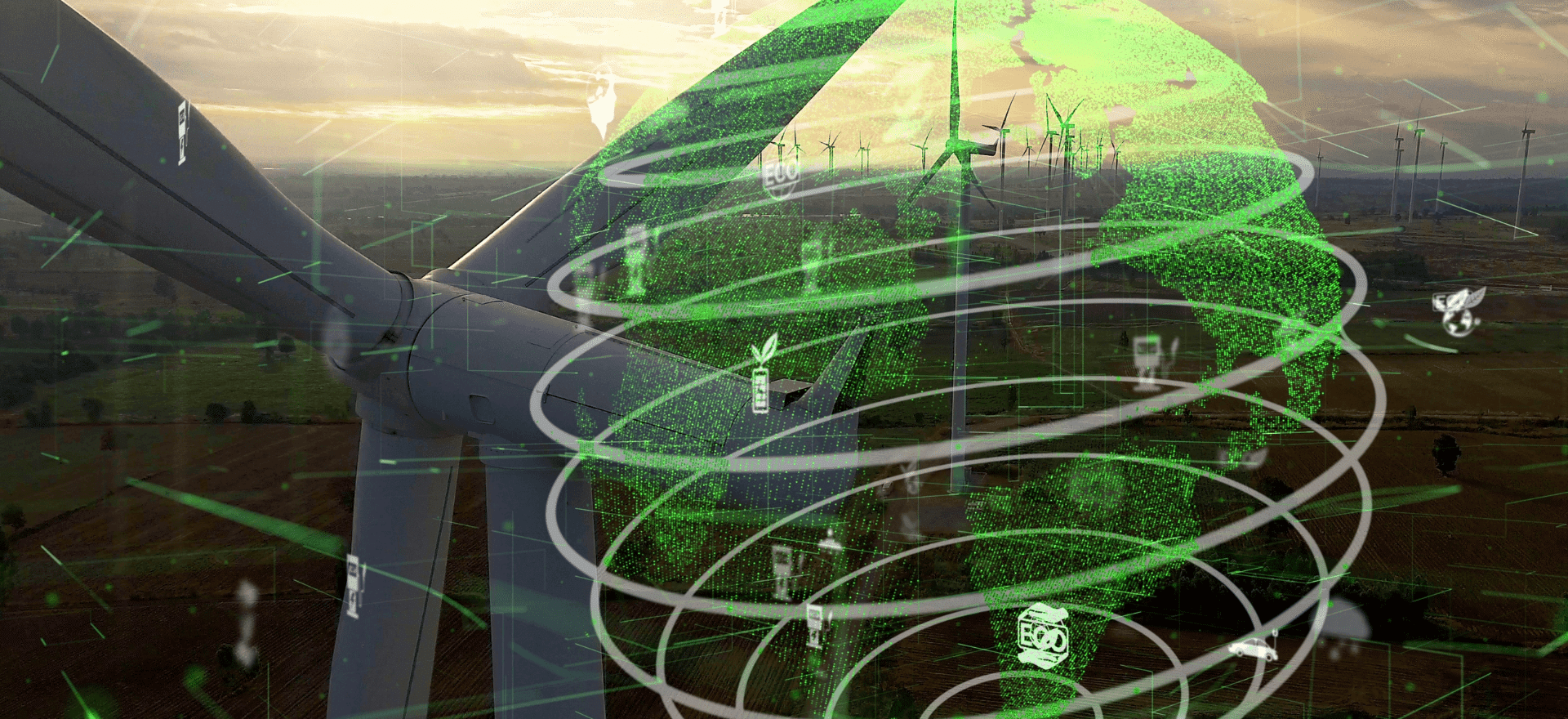 Imagem conceito, hélices de uma usina eólica com elementos de sustentabilidade e tecnologia.